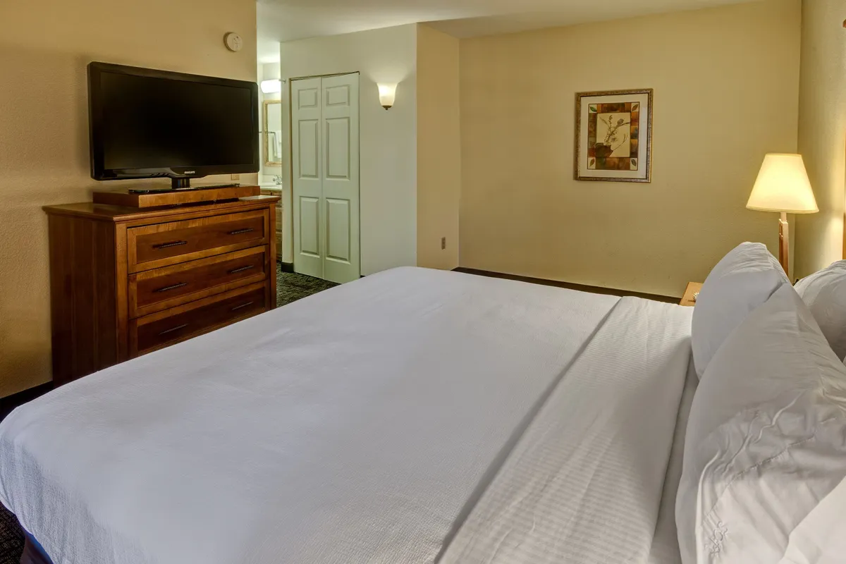 A calm, inviting bedroom with a large bed, dresser, television, and tasteful artwork. The gentle lighting and neutral decor create a serene ambiance, perfect for unwinding after a long day.